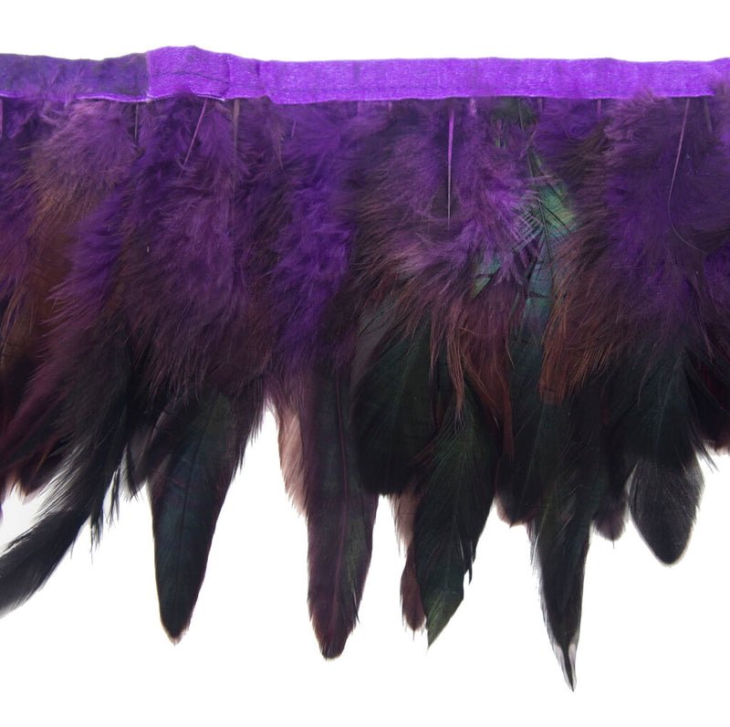 Deep purple double layer rooster feather trim, 6 inches wide