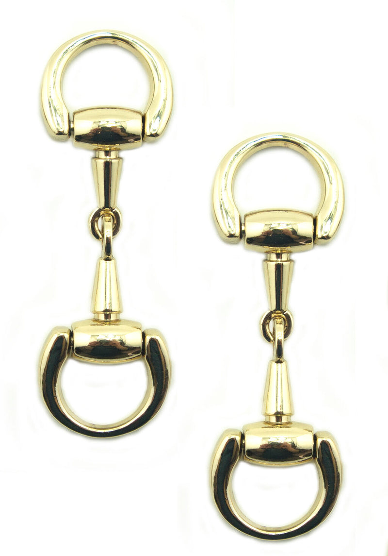 Two polished gold equestrian buckles displayed on a white background.