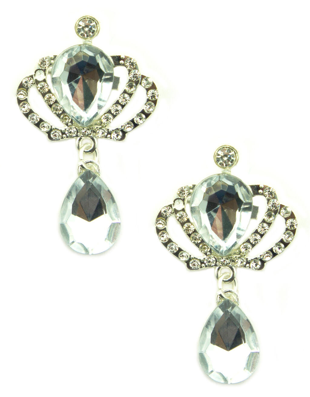 A pair of silver tone crown and clear crystal heart and teardrop brooches, 50 x 30 mm.
