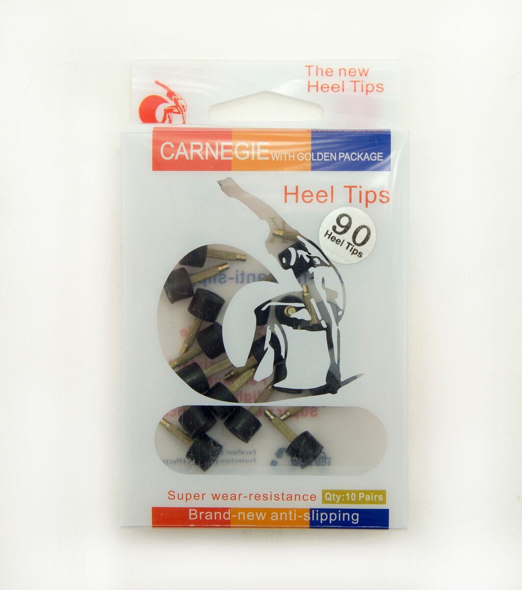 Display of black shoe heel tips in packaging