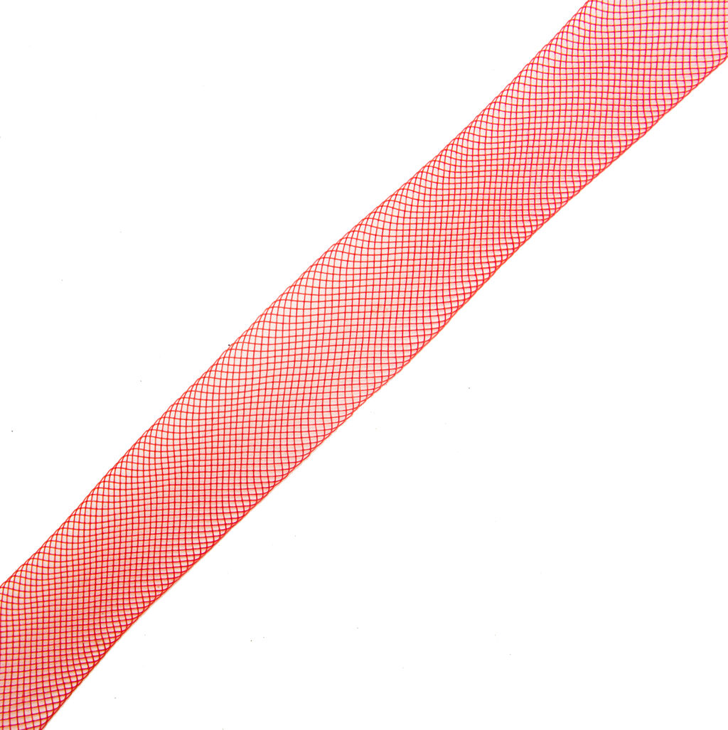 Close-up of red nylon crin trim showing texture and width.