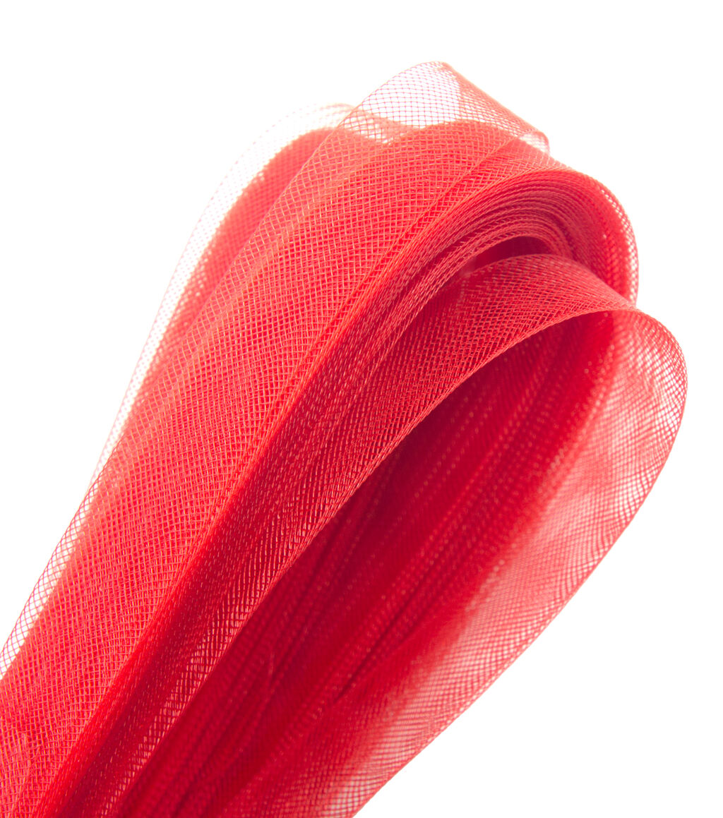 Red nylon crin trim displayed on a white background.