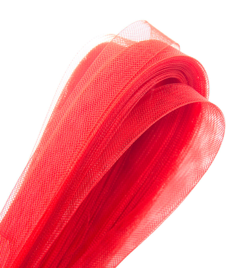 Red nylon crin trim displayed on a white background.