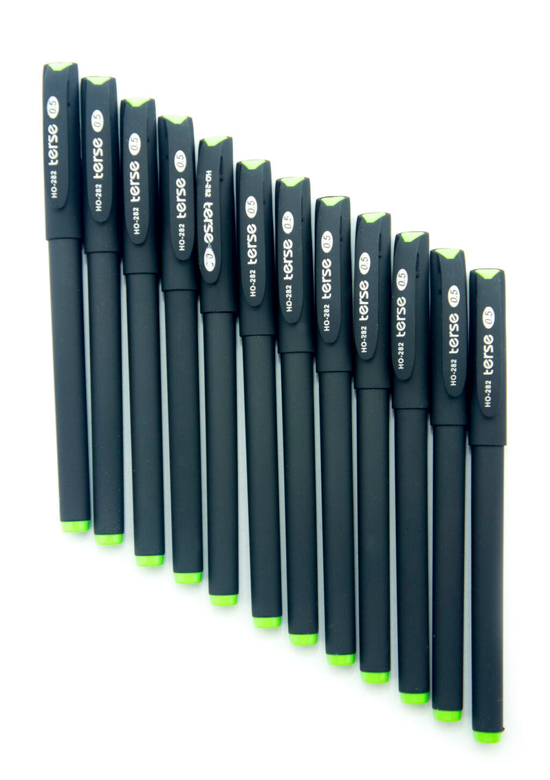 Pack of 12 black gel ink pens with lids and soft grips.