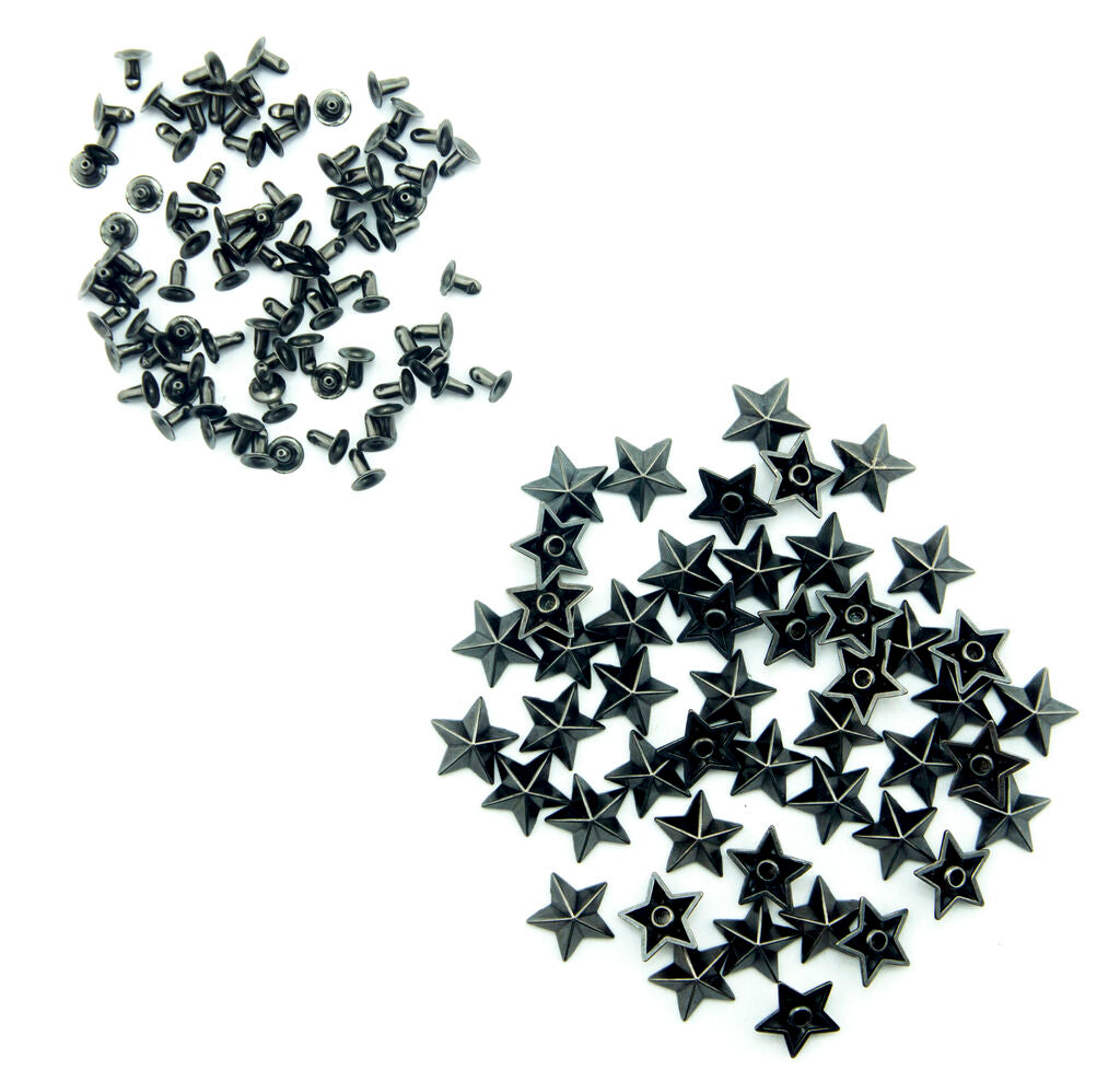 Pack of 50 dark metal star studs for leathercraft projects.