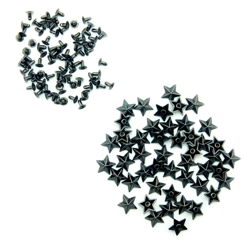 Pack of 50 dark metal star studs for leathercraft projects.