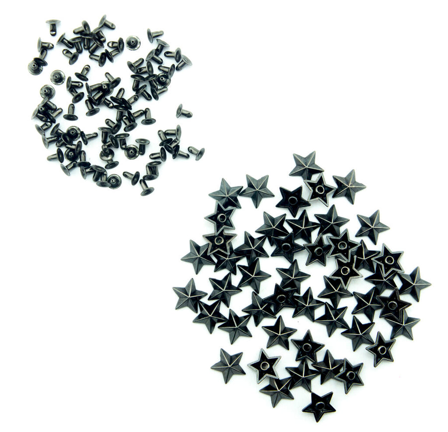 JX-14MM-WX Pack of 50 Dark Metal Star Studs for Leather, Belts, Clothing, Bags - With Backings - 14 mm (51.5g)
