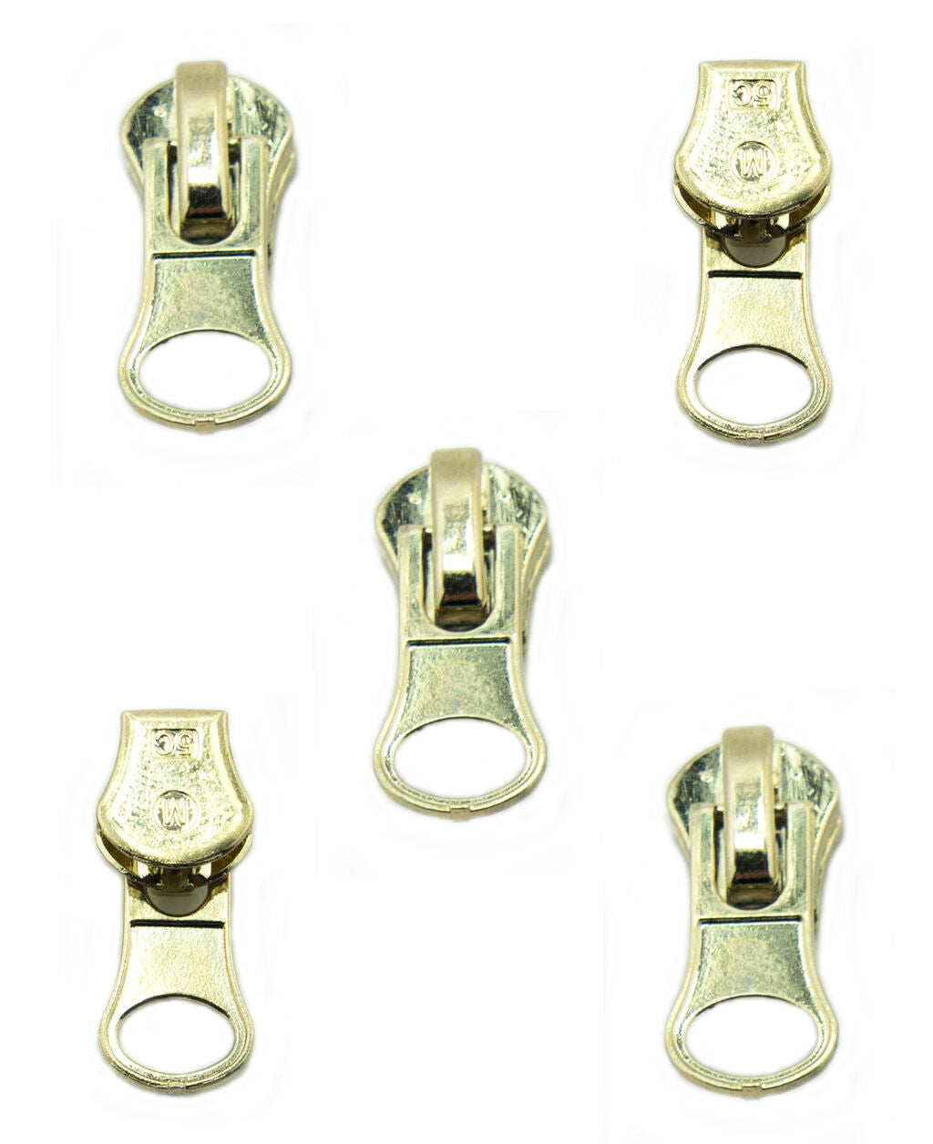 Set of 5 gold tone zip pulls with head sliders, No.5 size