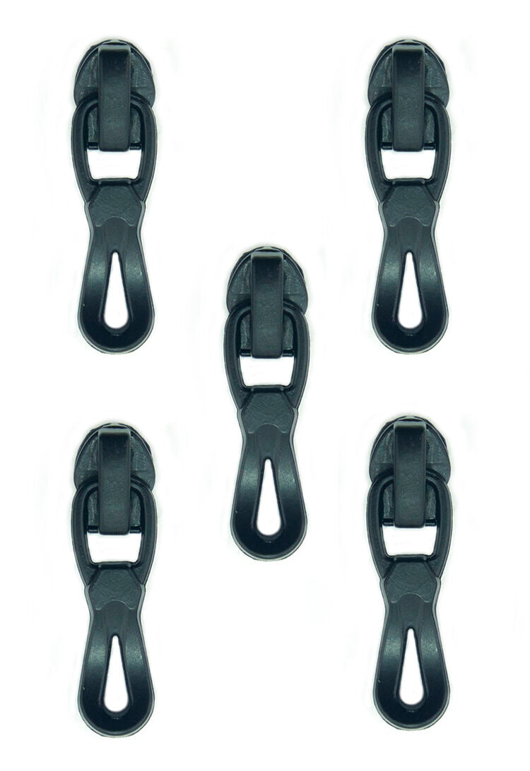Pack of 5 water resistant black metal nylon zip pulls with head slider