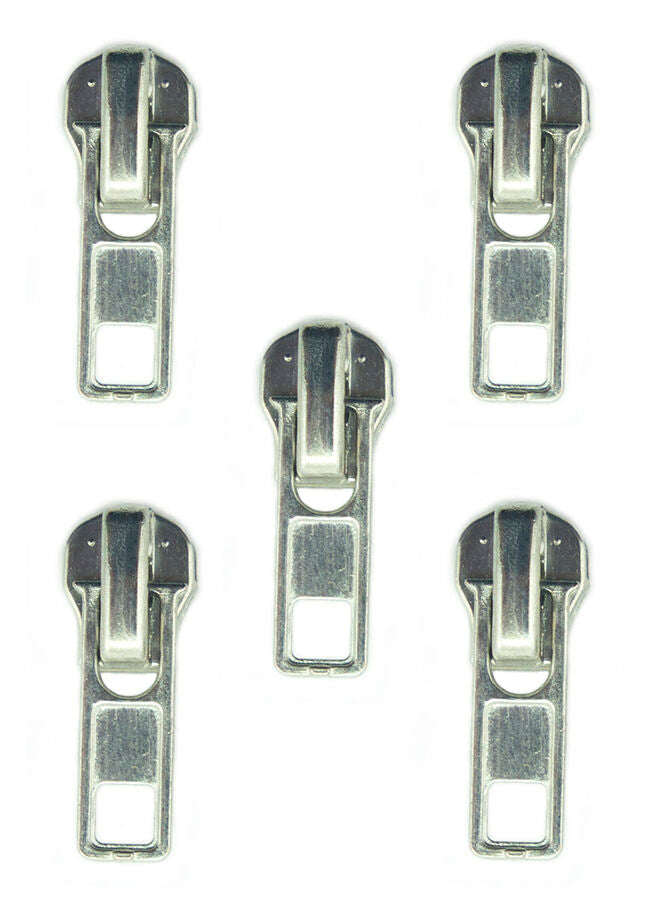 Set of 5 No.3 automatic zip pullers in silver tone