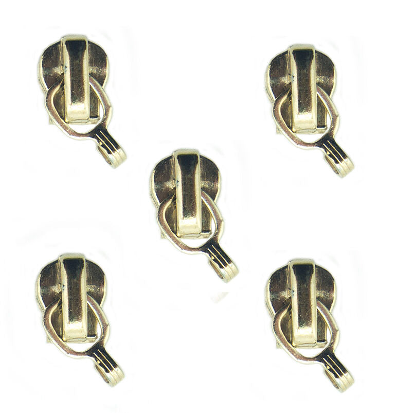 Set of 5 No.3 zip head sliders in light gold tone, metal material.