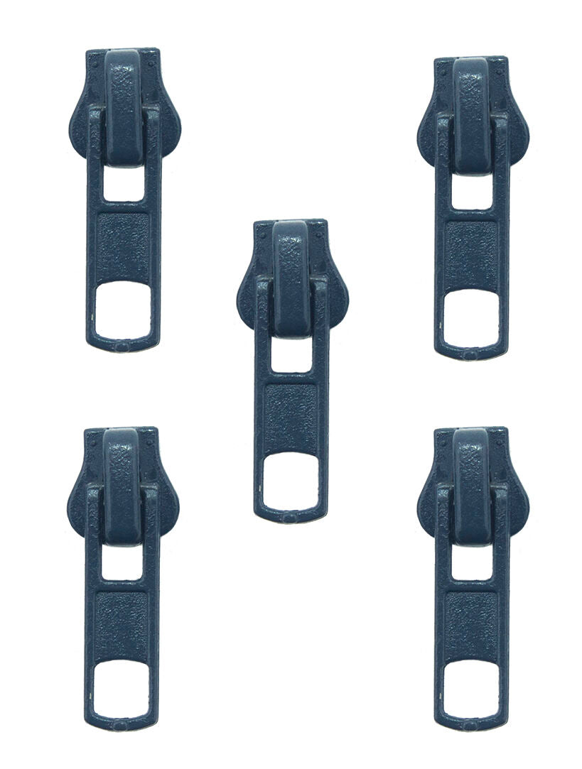 Set of 5 No 5 automatic zip pulls with head sliders in grey blue