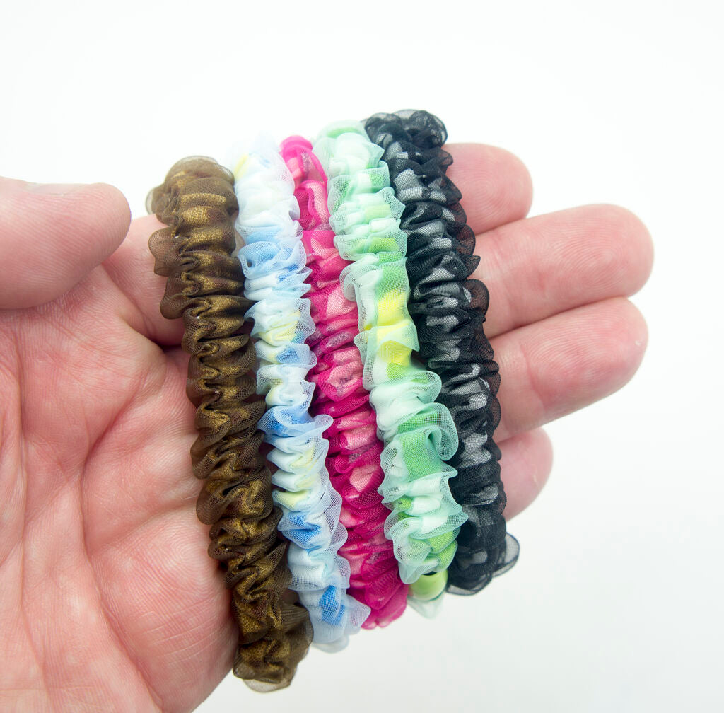 Close-up of a 12mm stretchy ponytail hair band covered in organza.
