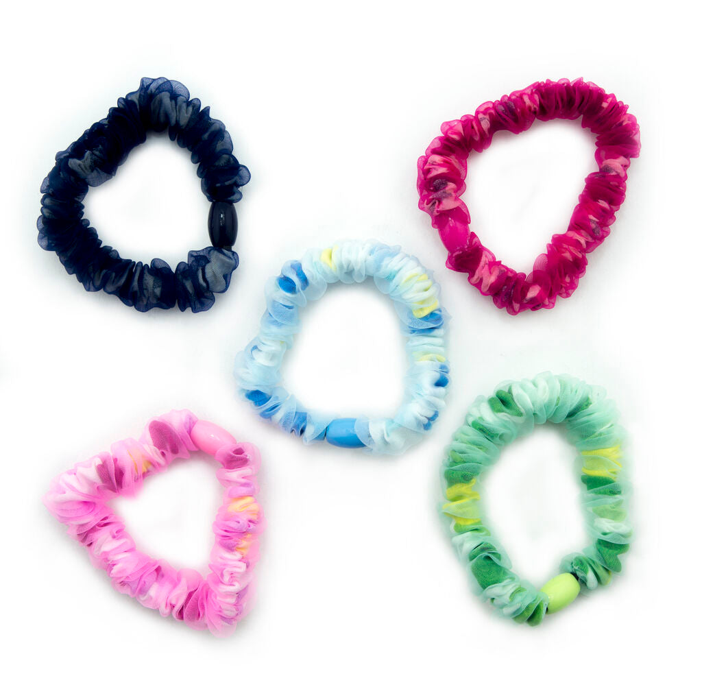 Pack of 5 organza covered stretchy ponytail hair bands in assorted colours.