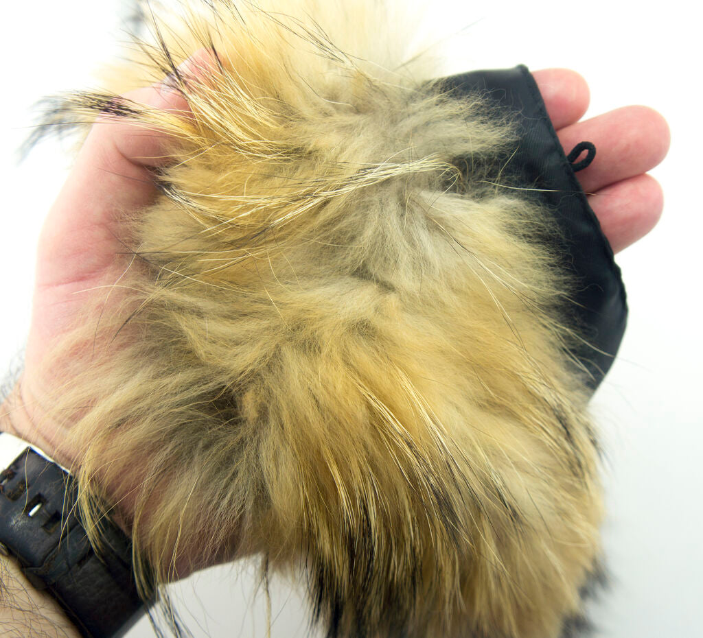 Close-up of the brown and black fluffy trim on the collar