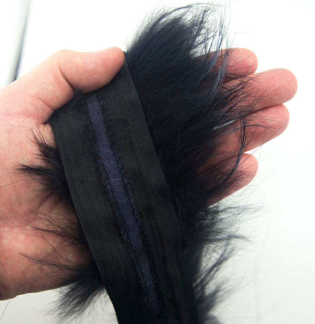 Close-up of the fluffy black fox fur piping with grey highlights.