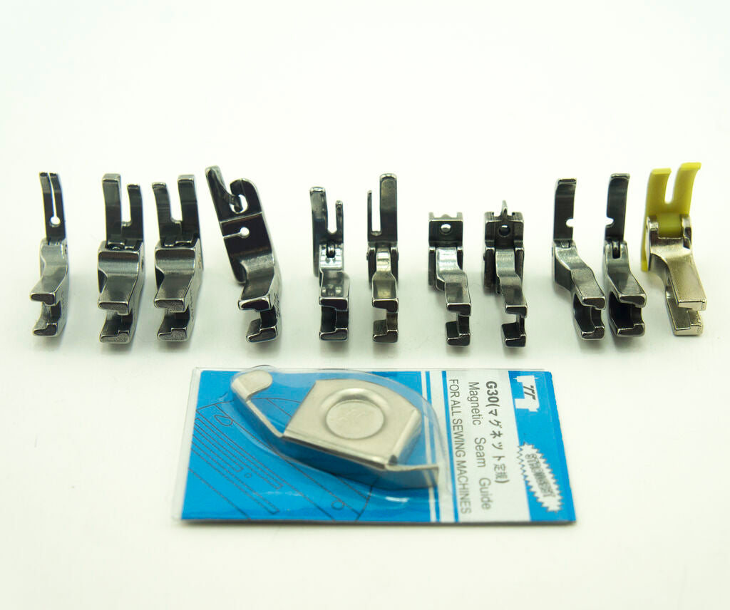Close-up of industrial sewing machine feet with various designs