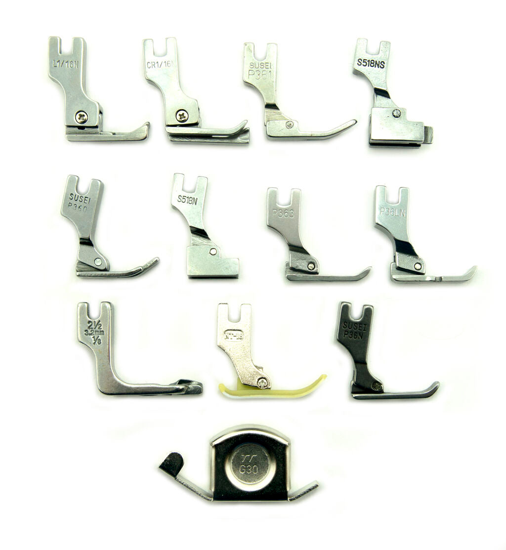 Pack of 11 industrial sewing machine feet displayed together