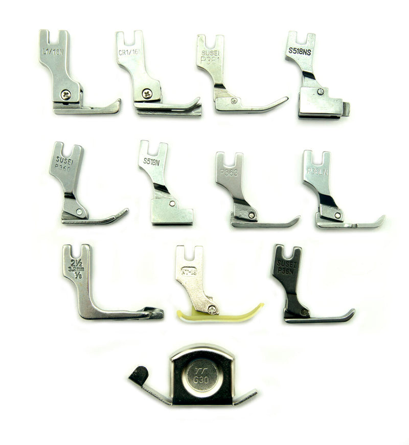 Pack of 11 industrial sewing machine feet displayed together