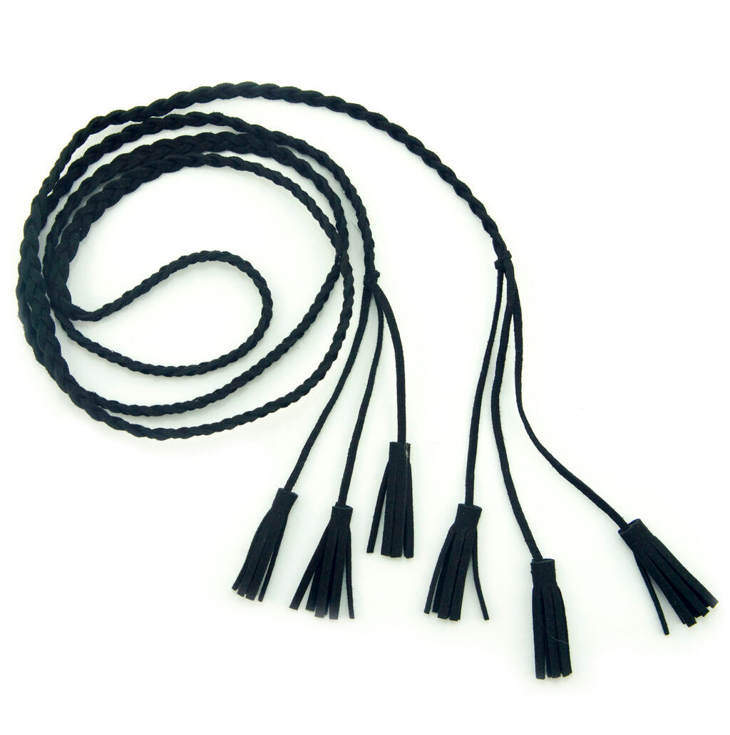 Black braided suede belt with tassels at both ends.