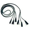Black braided suede belt with tassels at both ends.