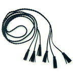Black braided suede belt with tassels at both ends.