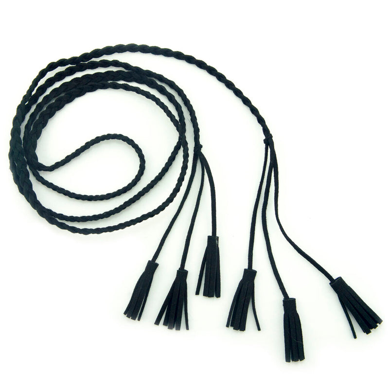 Black braided suede belt with tassels at both ends.
