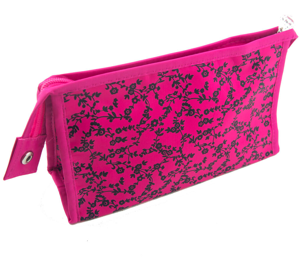 Open view of the pink floral pencil case showing zipped compartment.