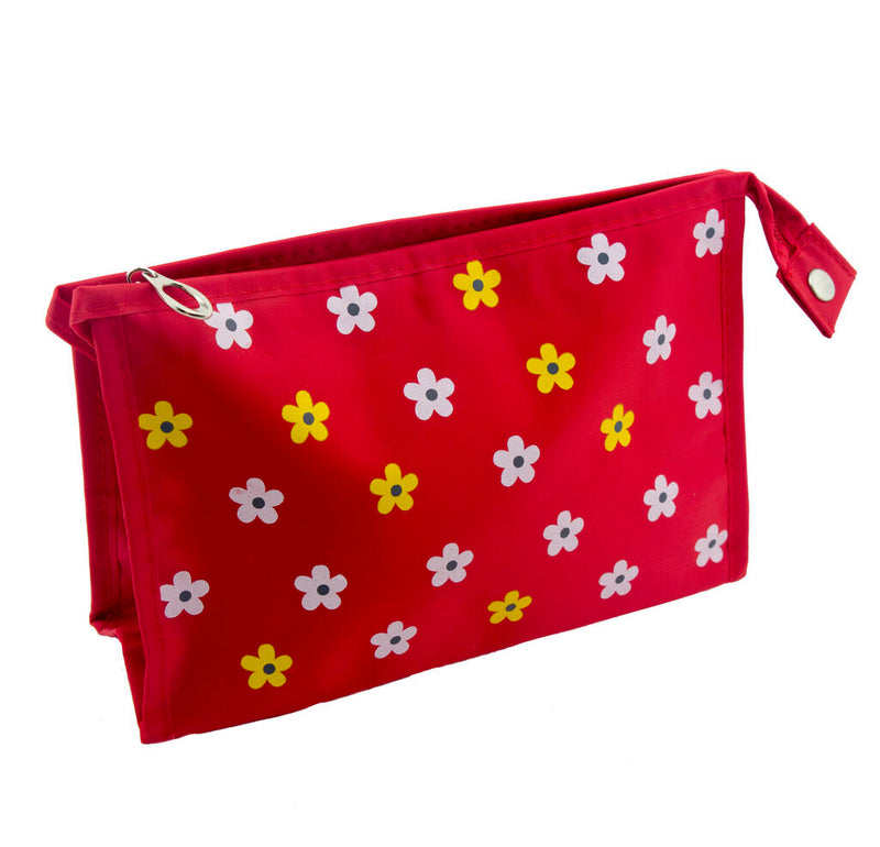 Red waterproof pencil case with daisies design and mirror attachment