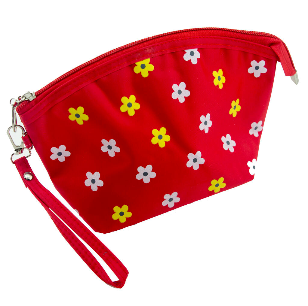 Open make-up bag featuring mirror attachment and red daisies pattern.