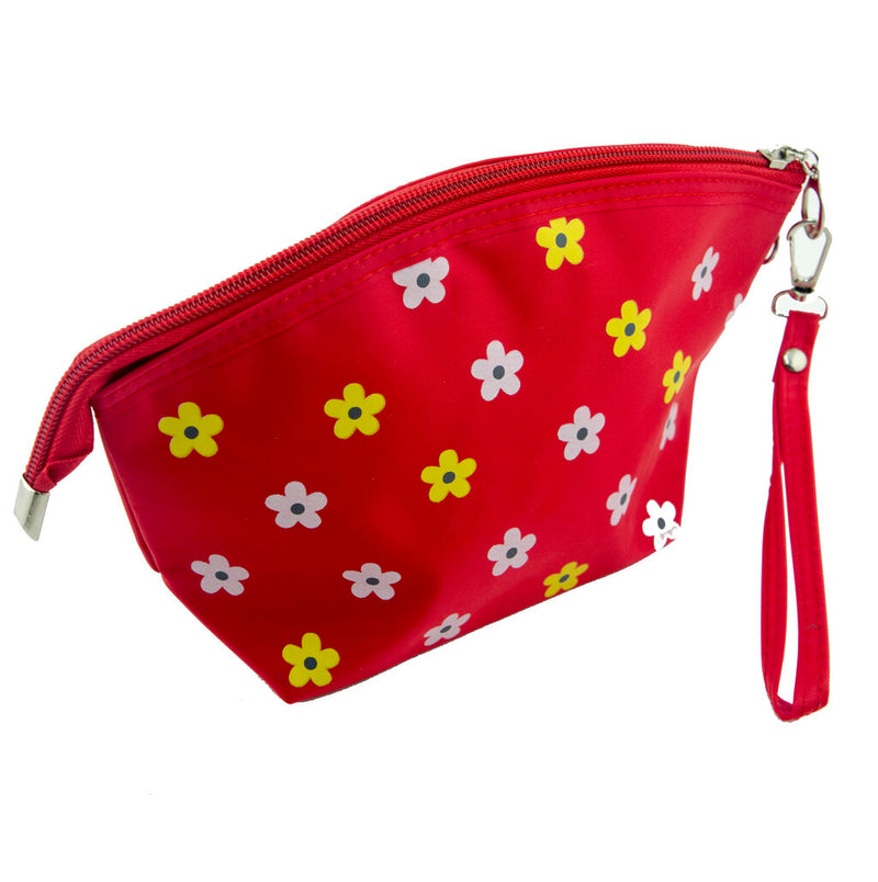 Red waterproof pencil case with daisies design, showing front view.