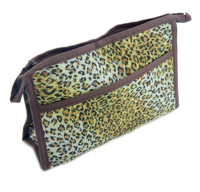 Dark leopard print pencil case with a side outer pocket.