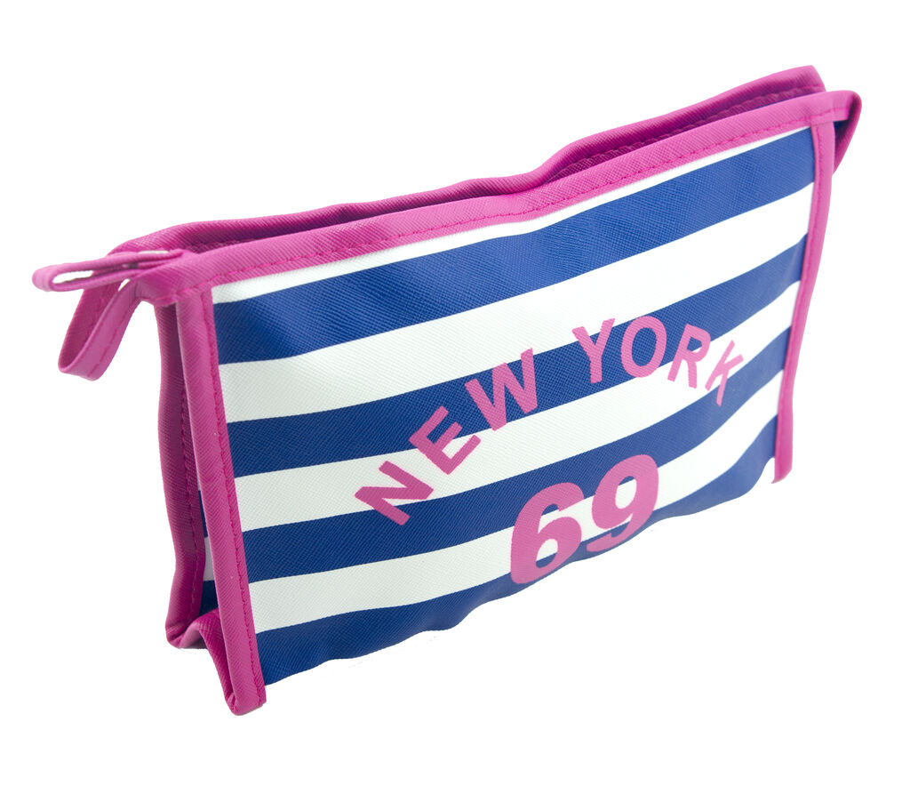 Waterproof pencil case with New York 69 design and mirror attachment.
