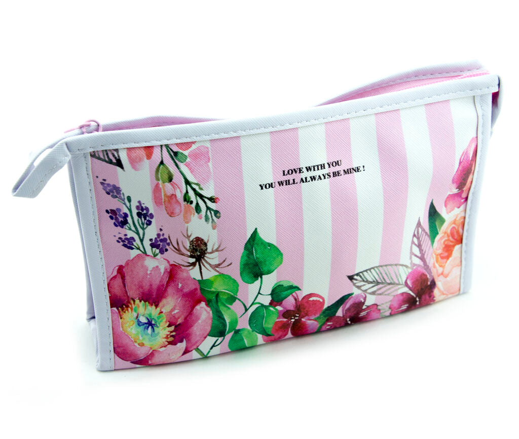 Pink floral stripe waterproof pencil case with mirror attachment