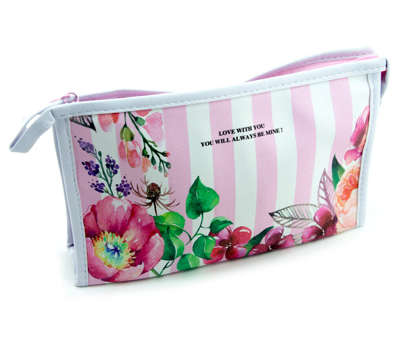 Pink floral stripe waterproof pencil case with mirror attachment