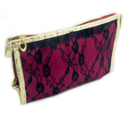 Make-up bag with mirror inside, deep pink and black lace design