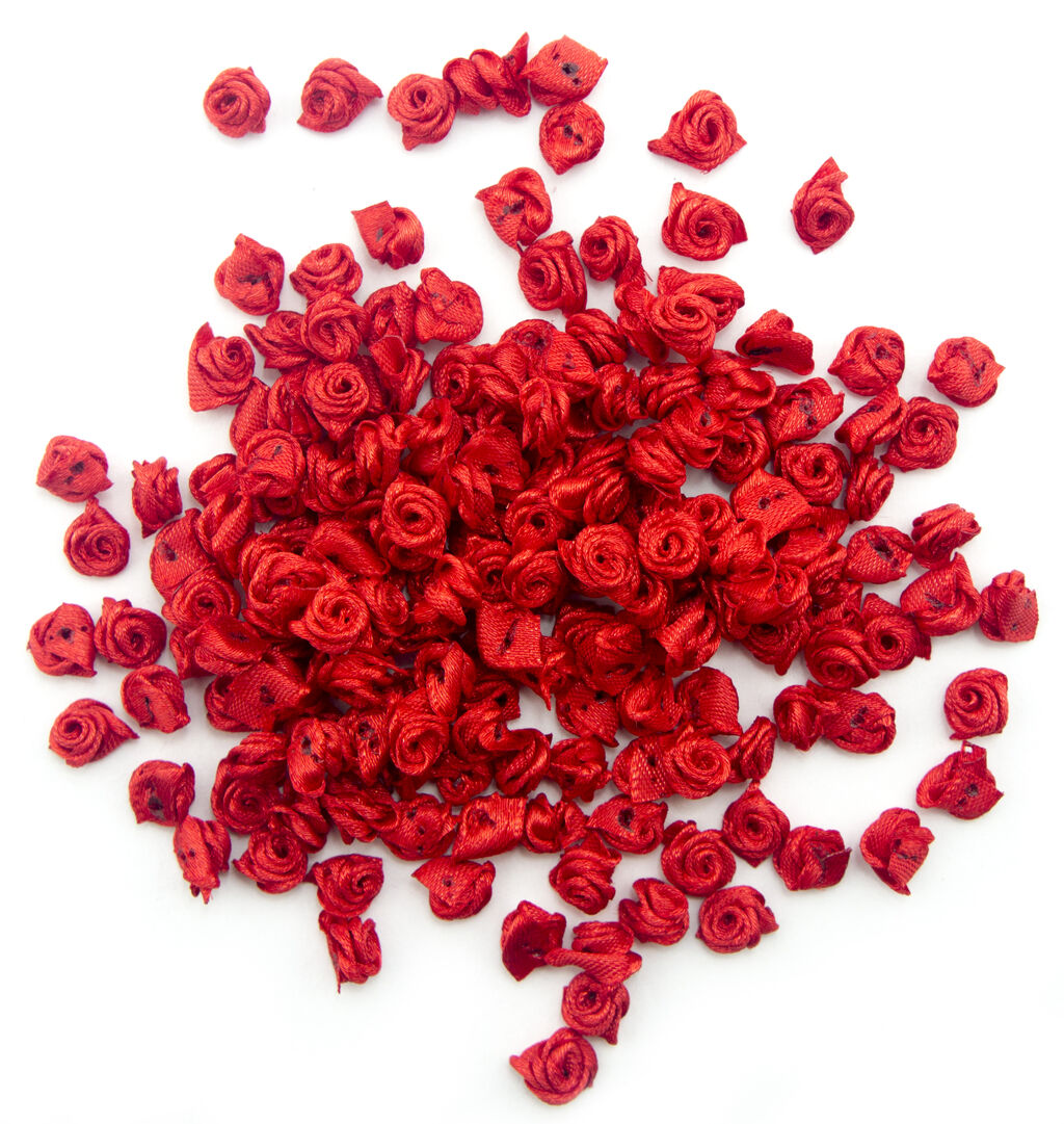 Pack of 50 tiny red roses flower ribbon trims, each 8 mm in size.