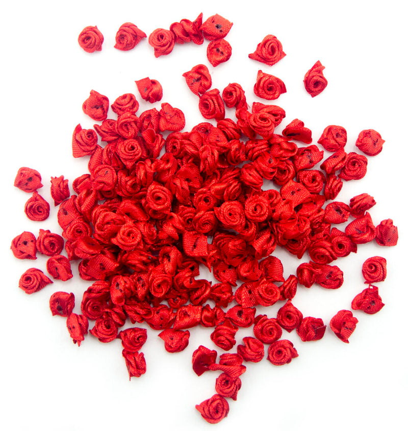 Pack of 50 tiny red roses flower ribbon trims, each 8 mm in size.
