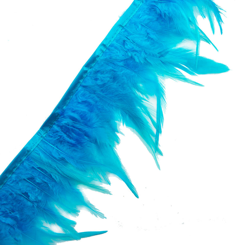 Bright blue rooster feather fringe trim displayed on a white background.