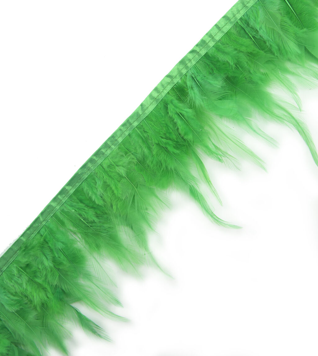 Bright green natural rooster feather fringe trim, 4.5 inches wide