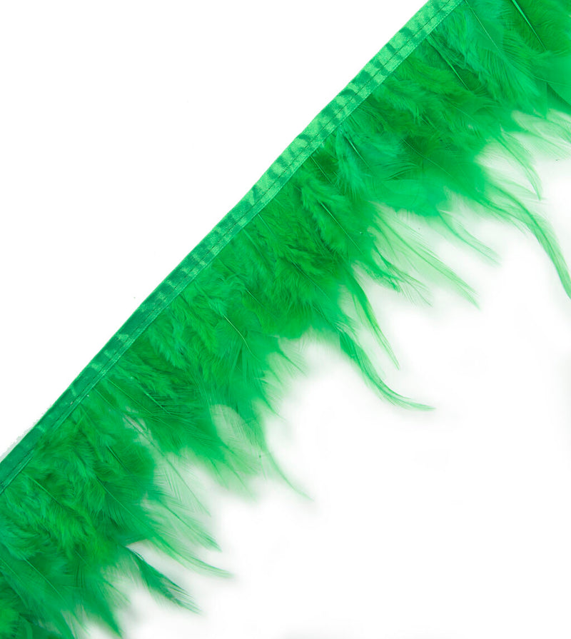 Bright green natural rooster feather fringe trim, 4.5 inches wide