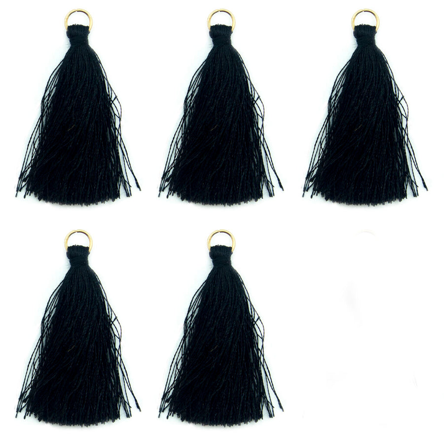 Set of 5 Black Silky Tassels with Antique Brass Tone Metal Rings - 5 cm Long