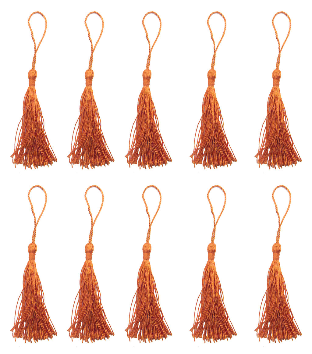 Pack of 10 dark orange silky tassels, each 12cm long.
