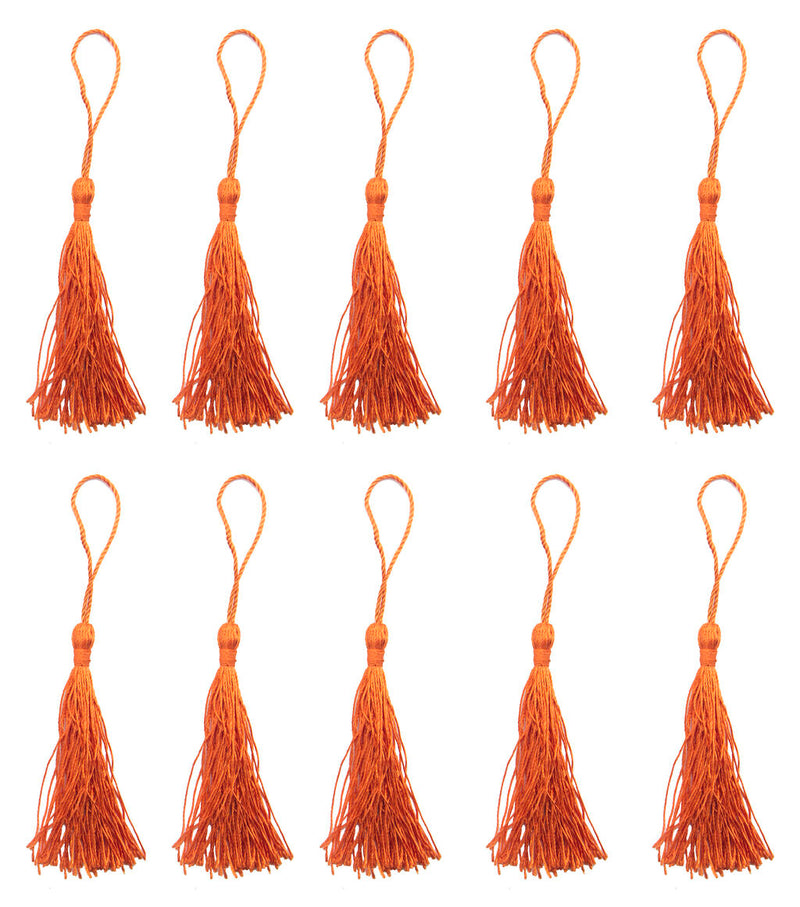 Pack of 10 dark orange silky tassels, each 12cm long.