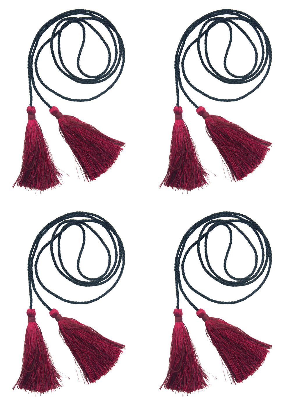 Set of 4 red silky polyester tassels with black string cords.