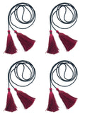 Set of 4 red silky polyester tassels with black string cords.