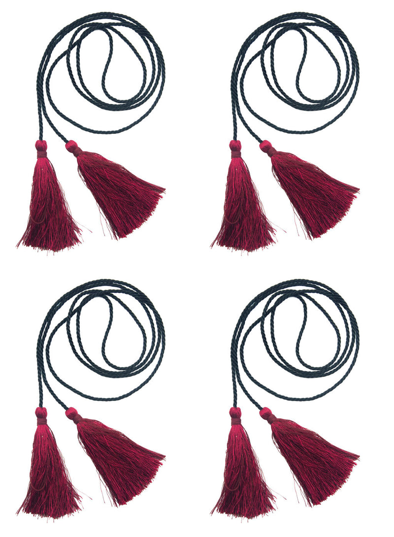 Set of 4 red silky polyester tassels with black string cords.