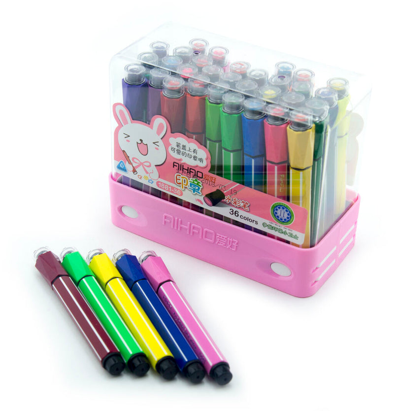 Set of 36 colourful felt tip pens in a carry case