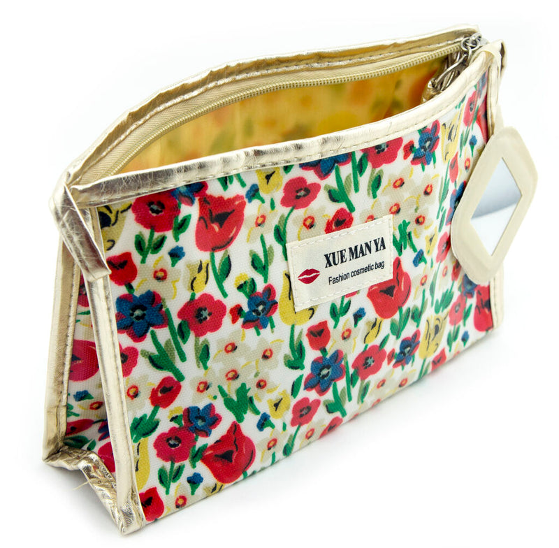 Cream flower field pencil case with gold edge and attached mirror.