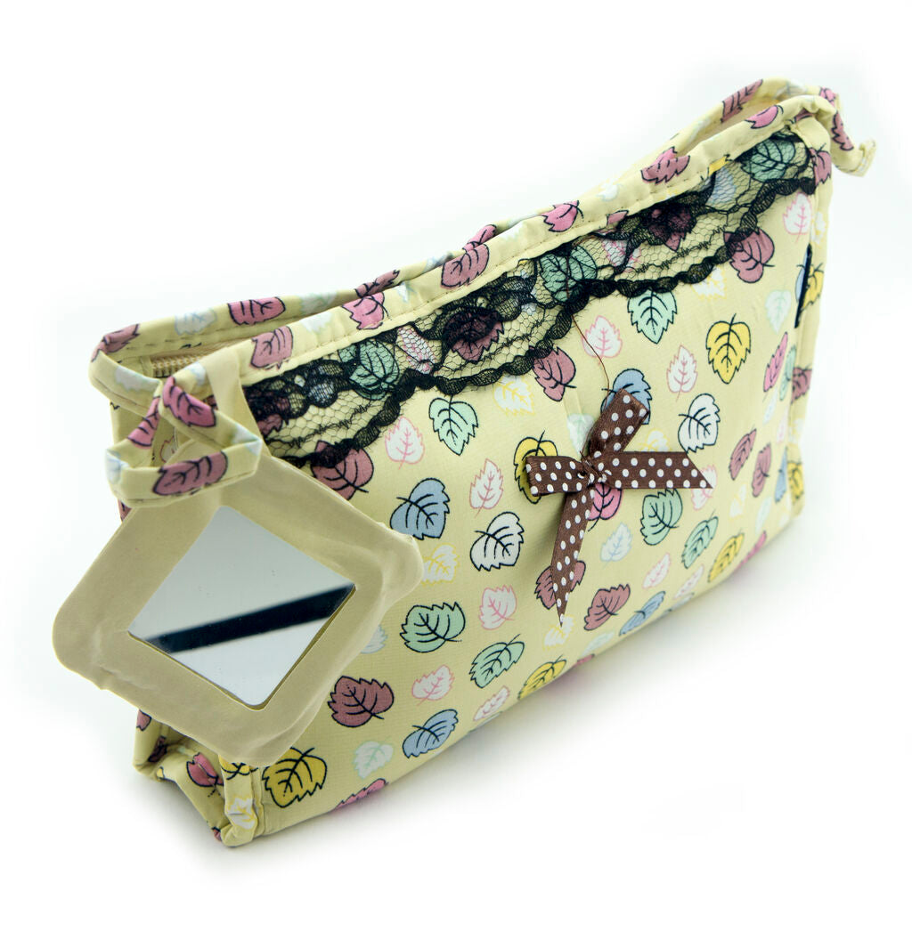 Pretty leaves and lace make-up bag with mirror, 220 x 150 mm